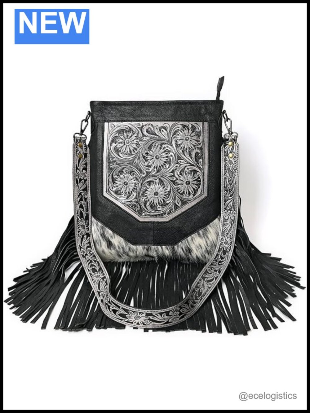 Hand-Tooled Leather Fringed Crossbody Bag Cowhide Floral Shoulder Purse